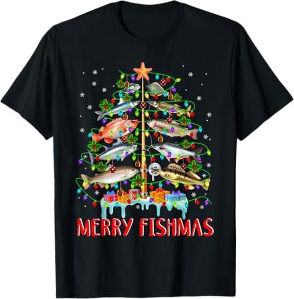 Funny Christmas Shirts, Merry Fishmas Funny Christmas Tree Lights Fish Fishing Rod T-Shirt - Menswear Top