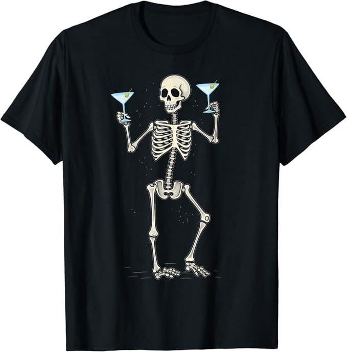 Funny Cocktail Shirts, Funny Halloween Skeleton Drinking Martini Cocktail T-Shirt | Funny Shirts For Night Out Menswear Casual Classic