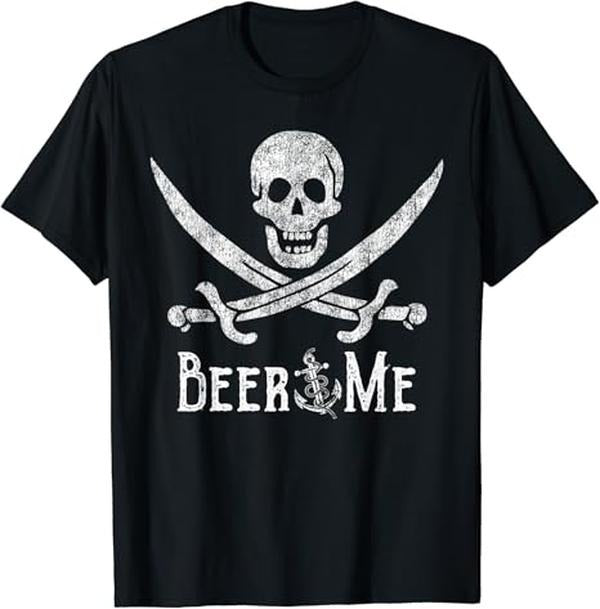 Funny Drinking Shirts, Beer Me Adult Humor Pirate Skull Distressed Funny Drinking T-Shirt Menswear Top | Funny Shirts For Night Out Casual Classic