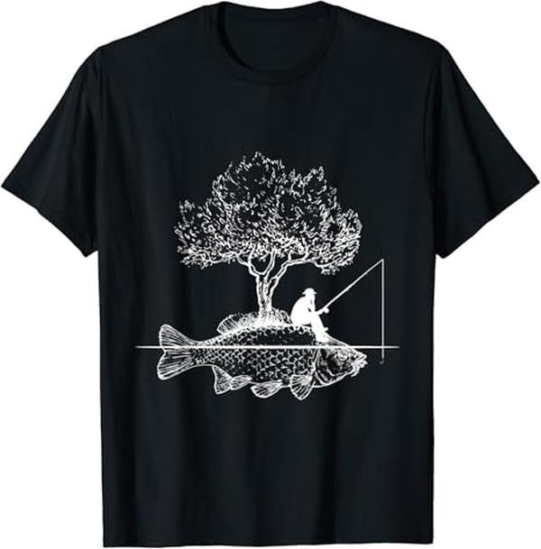 Funny Fishing Shirts, Fish Island Art Surreal Funny Carp Fisherman Gift T-Shirt Cotton Fashion Casual Classic