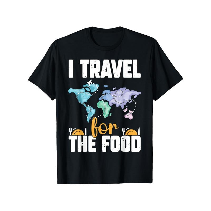 Funny Food Lover Travel T-Shirt, Cotton, Casual Crew Neck Tee with World Map & Utensils Print, Regular Fit, Short Sleeve, Slight Stretch,for Adults, All-Season, Ideal for Weekend Casual & Travel, Gift for Thanksgiving, Christmas Made in USA