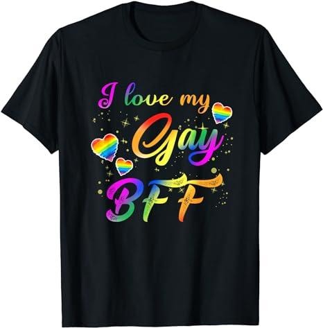 Funny Friend Shirts, Gift For Gay Best Friend, I Love My Gay BFF Proud Best Friend Heart LGBT Pride Month T-Shirt Top Casual Classic Cotton