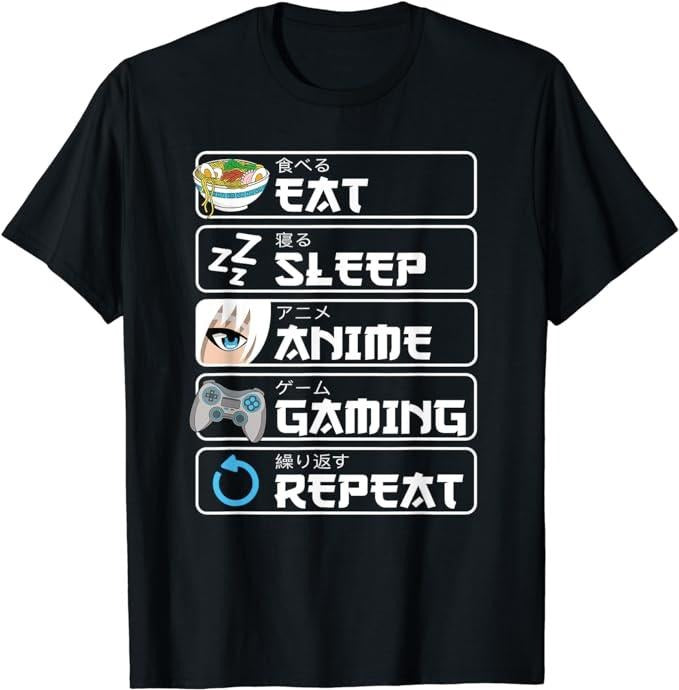 Funny Gamer Shirts, Special Gifts For Gamers, Eat Sleep Anime Gaming Repeat Otaku Anime Manga T-Shirt Menswear Top Casual Classic