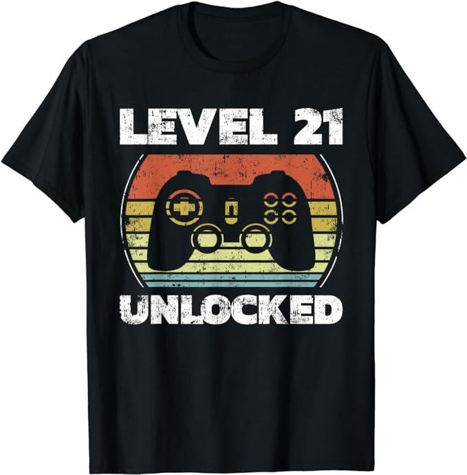 Funny Gamer Shirts, Special Gifts For Gamers, Level 21 Unlocked Funny Video Gamer 21st Birthday T-Shirt Menswear Casual Classic