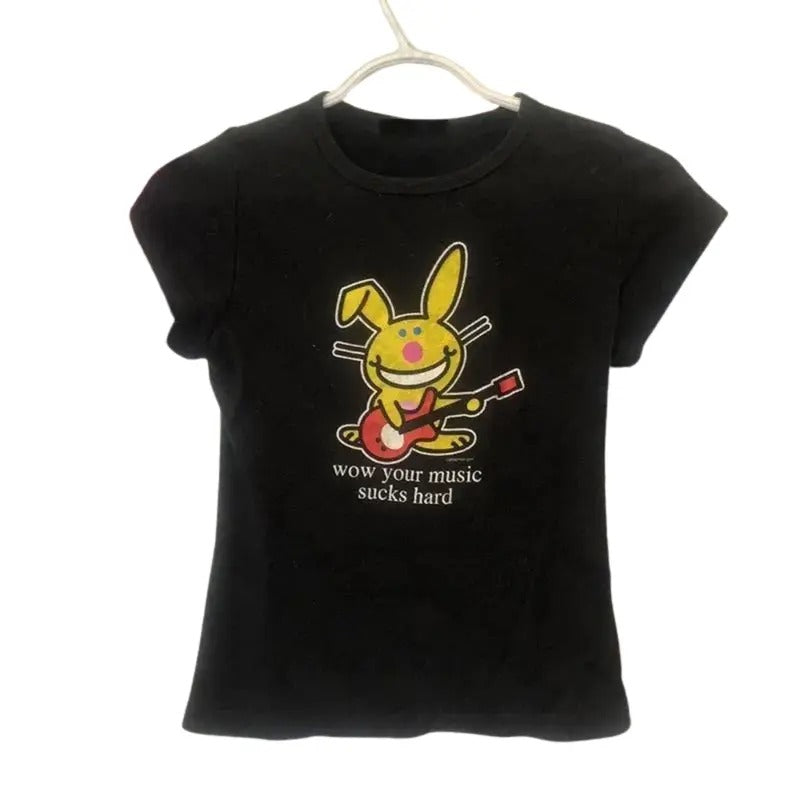 Funny Happy Bunny Baby Tee, Women Fitted T-Shirt, Y2k Top Streetwear, Gothic Emo Girl Scene Clothing 2000s, Casual Cotton Short Sleeve - Retro Graphic Womenswear