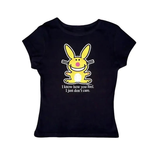 Funny Happy Bunny Baby Tee, Y2k Top Women Streetwear, Gothic Emo Girl, Scene Clothing 2000s, Women Fitted T-Shirt, Casual Cotton Short Sleeve, Gift For Her