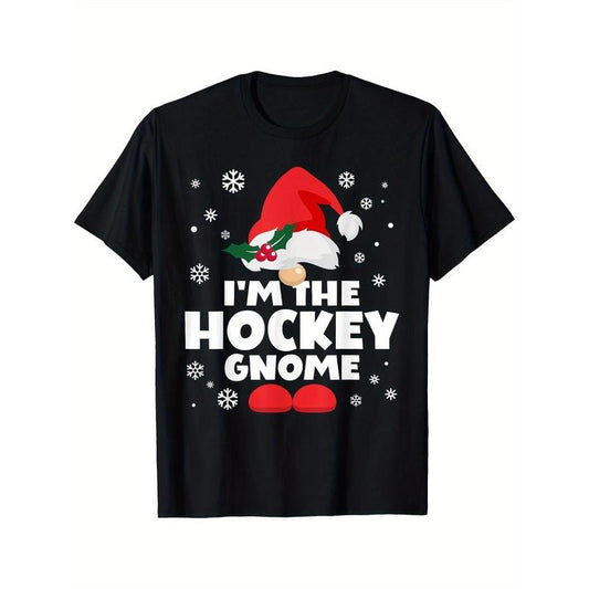 Funny Hockey Gnome Family Matching Group Happy Christmas Printed T-shirt Comfortable Breathable, Casual Short Sleeve, Daily Wear, All Season, Black Men Made in USA