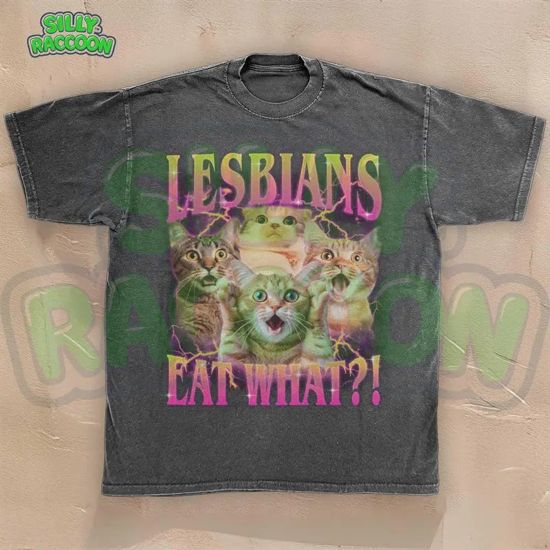 Funny Lesbian Cat T-Shirt | Lesbians Eat What? Meme Tee | Ironic LGBTQ Kitty T-Shirt | Queer Humor | Retro 90s Tee | Gay Cat Mom Gift