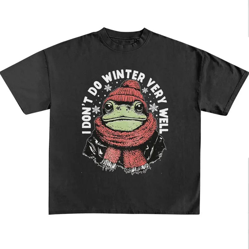 Funny Meme Don't Do Winter Very Well Graphic Shirt, Unisex Retro Christmas Frog Gift, Vintage Style Cotton Shirt, Humorous Quote Merch