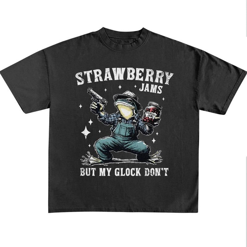 Funny Meme Frog Shirt, Strawberry Jams But My Glock Don't T-shirt, Vintage 90s Meme Shirt, Washed Frog Shirt, Distressed Strawberry Shirt