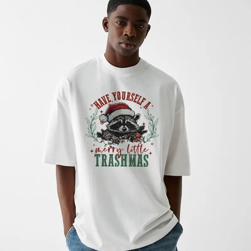 Funny Meme Have Yourself A Merry Little Trashmas Graphic Shirt, Unisex Retro Christmas Raccoon Tee Gift, Vintage Style Cotton Shirt, Humorous Quote Merch