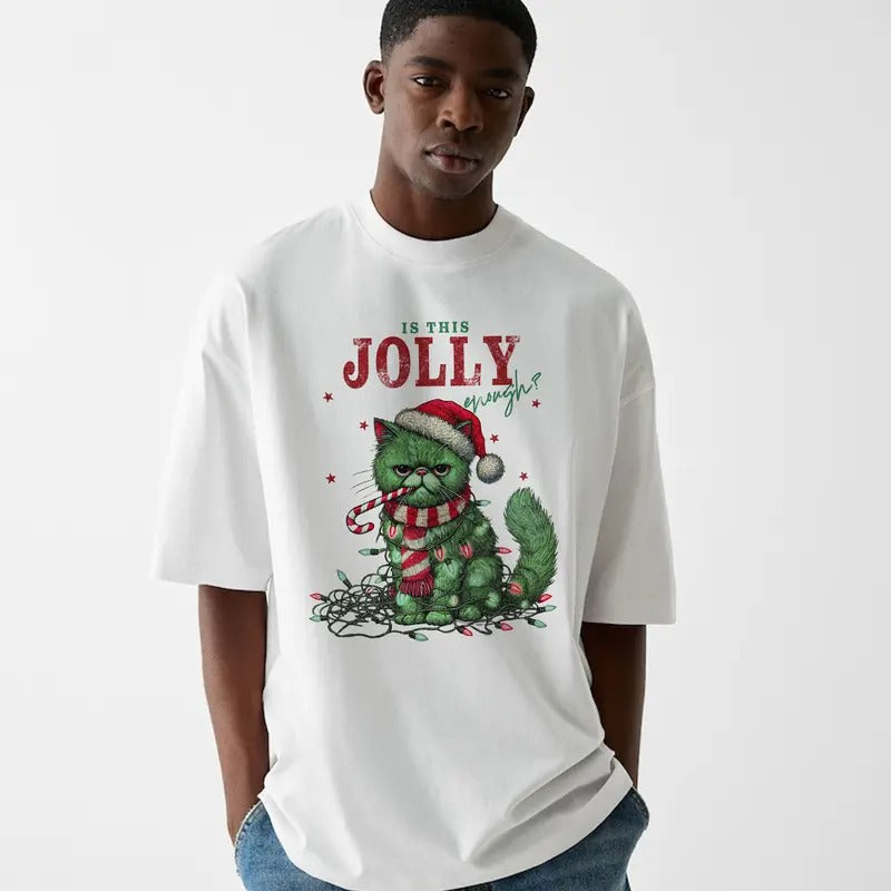 Funny Meme Is This Jolly Cat Graphic Shirt, Unisex Retro Christmas Cat Gift, Vintage Style Shirt, Humorous Quote Merch