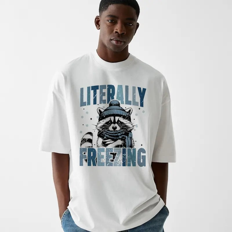 Funny Meme Literally Freezing Raccoon Graphic Shirt, Unisex Retro Chiristmas Raccoon Gift, Vintage Style Cotton Shirt, Gluten Shirt, Humorous Quote Tee