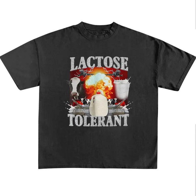 Funny Meme Shirt, Lactose Tolerant Vintage Graphic Shirt, Retro Milk 90s Funny Shirt For Friends, Y2k Unisex Baggy Shirt, 2000s Humorous Quote Merch