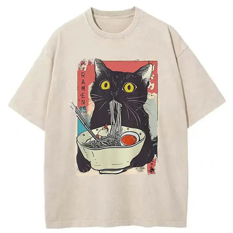 Funny Meme Shirt, Noodle Cat Shirt, Ramen Tee, Foodie Lover Tee, Black Cat Noodle Merch, Retro Cat Lover Shirt