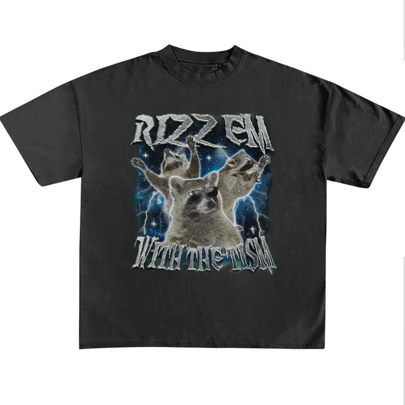 Funny Meme Shirt, Rizz Em With The Tism Raccoon Vintage Graphic Shirt, Retro 90s Raccoon Rizz Graphic Shirt, Silly Shirt Lovers, Weird Shirt Gift