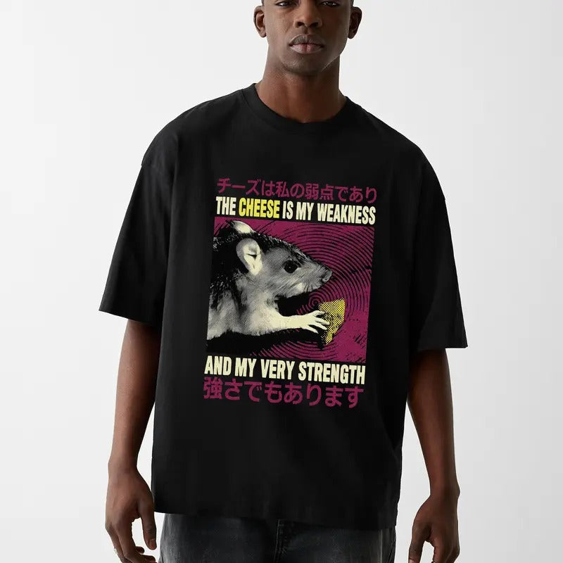 Funny Meme The Cheese Is My Weakness And My Strength Shirt, Sweatshirt, Hoodie, Funny Rat Cheese Tee, Vintage Japanese Mouse Graphic Quote Design Tee