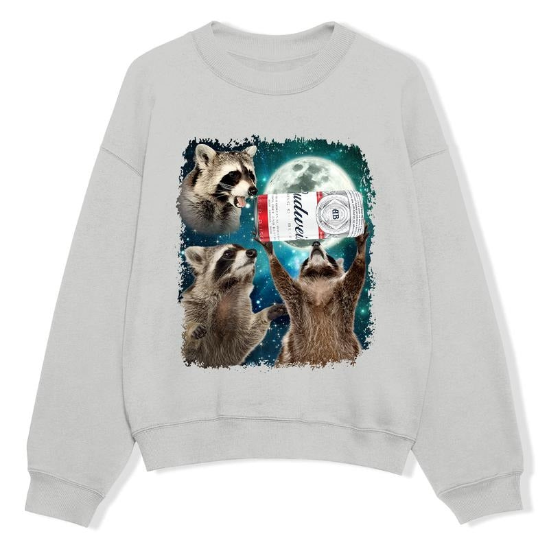 Funny Meme, Three Raccoons Budweiser Vintage Sweatshirts, Retro Moon Sweatshirt, Raccoon Lovers, Funny Raccon, Unisex Comfort Merch, Raccoon Gifts