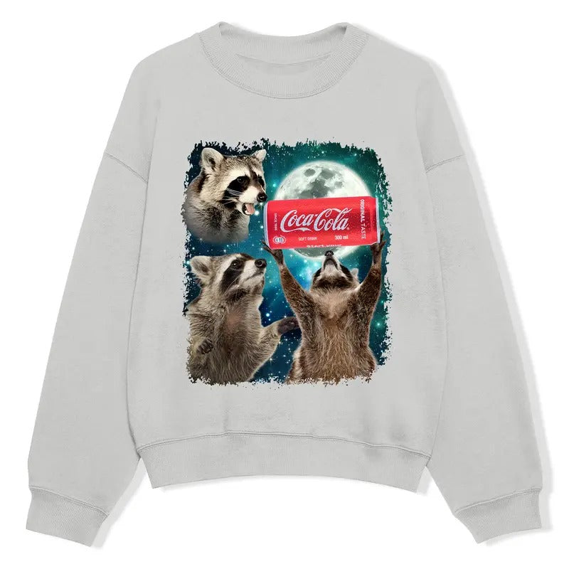 Funny Meme, Three Raccoons Coca Cola Vintage Sweatshirts, Retro Moon Sweatshirt, Raccoon Lovers, Funny Raccon, Unisex Comfort Merch, Raccoon Gifts