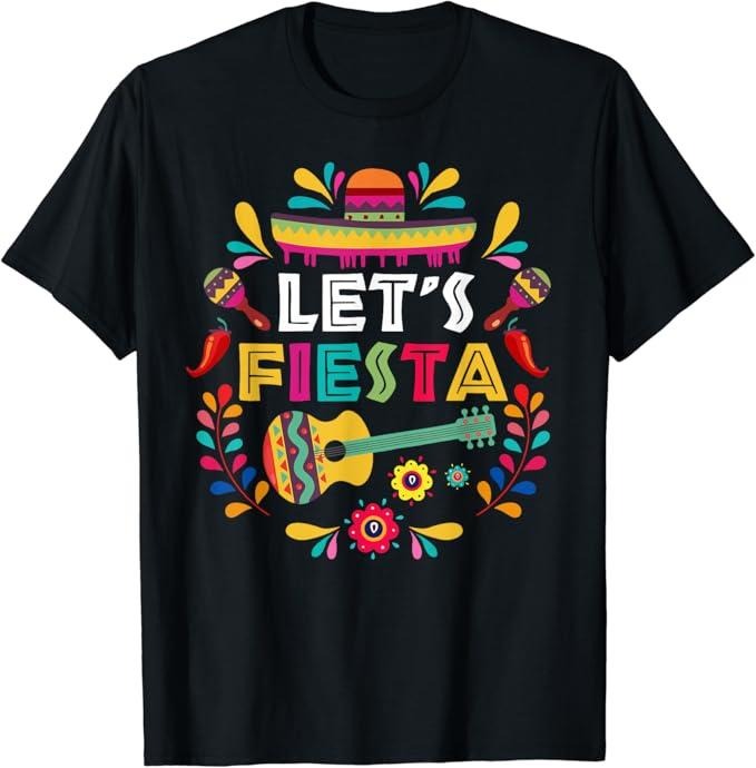 Funny Mexican Shirts, Lets Mexican Fiesta Cinco De Mayo Party Colorful Guitar Fun T-Shirt Menswear Top Casual Classic