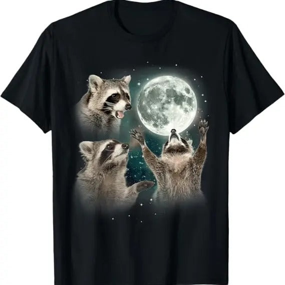 Funny Raccoon Shirt, 3 Racoons Howling At Moon Funny T-Shirt For Men - Casual Classic Cotton Fabric Vintage Raccoon