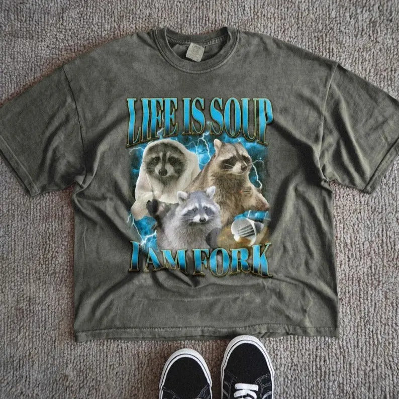 Funny Raccoon T-Shirt - Life Is Soup I Am Fork - Absurd Meme Shirt - Raccoon Vintage Graphic Tee - Trendy Bootleg Shirt - Animal Lover Gift Tropical