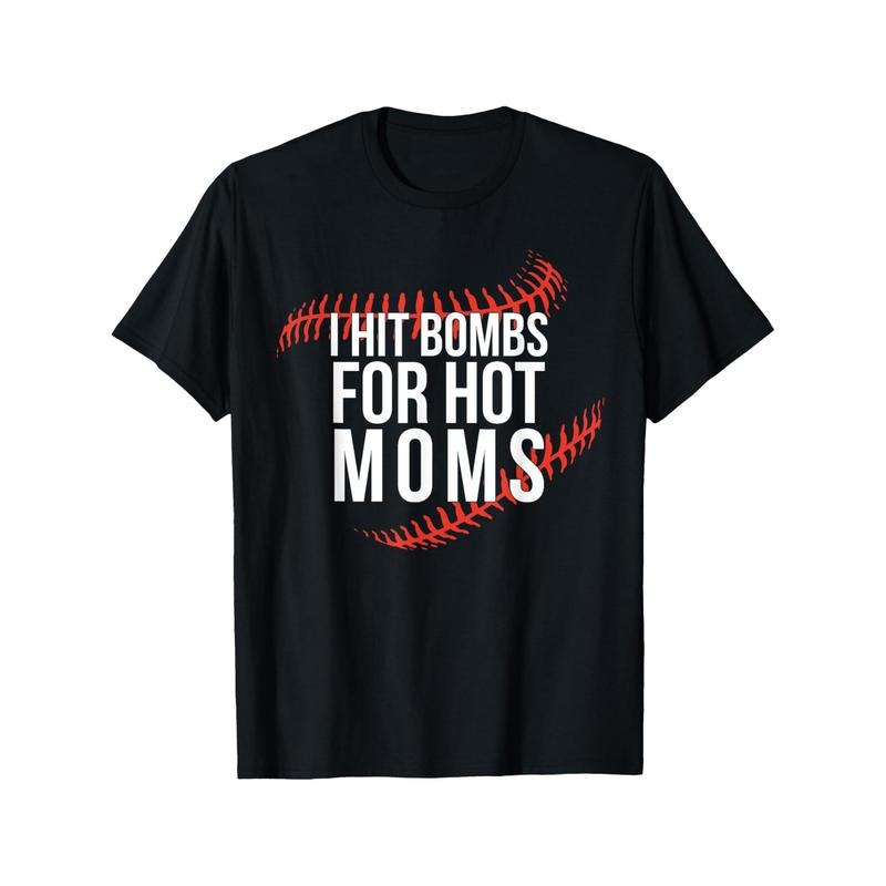 Funny Retro Baseball I Hit Bombs For Hot Moms Baseball Mom Men's T-shirt personality print pattern, casual round neck short sleeve, comfortable version of cotton short sleeve, four seasons can wear made in usa