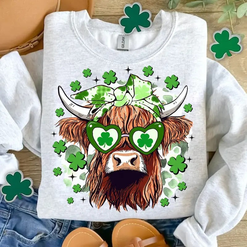 Funny St Patrick's Day Highland Cow, Retro St Patricks Highland Cow Shirt, St Patrick's Day , Clover, Shamrock Shirt, Cow Clover Shirt, Good Luck Charm Shirt, Lucky Clover Shirt, Hodie and Sweater, T-Shirt