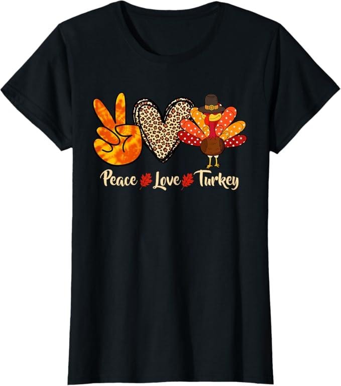 Funny Thanksgiving Shirts, Peace Love Turkey Little Pilgrim Thanksgiving Womens Girls T-Shirt - Menswear Top