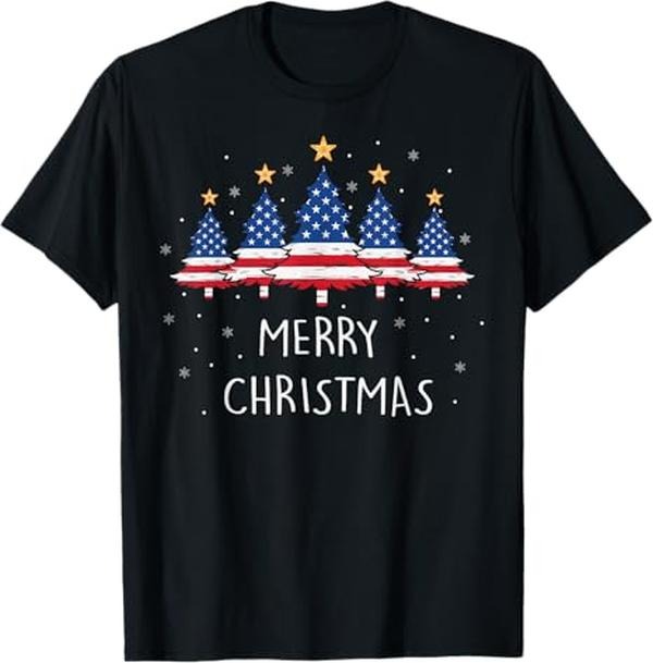 Funny Xmas Men Women Family T-Shirt, My American Flag Christmas Tree Pajama Shirt Xmas Funny T-Shirt - Menswear Top