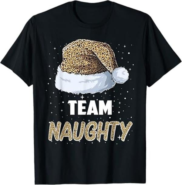 Funny Xmas Men Women Family T-Shirt, Team Naughty Santa Leopard Hat Pajamas Family Xmas T-Shirt - Menswear Top