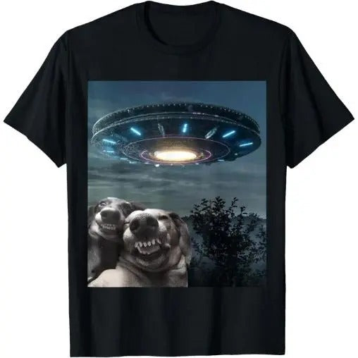 Funny selfie Dog With Alien UFO Funny Dogs Lover T-Shirt Made in USA