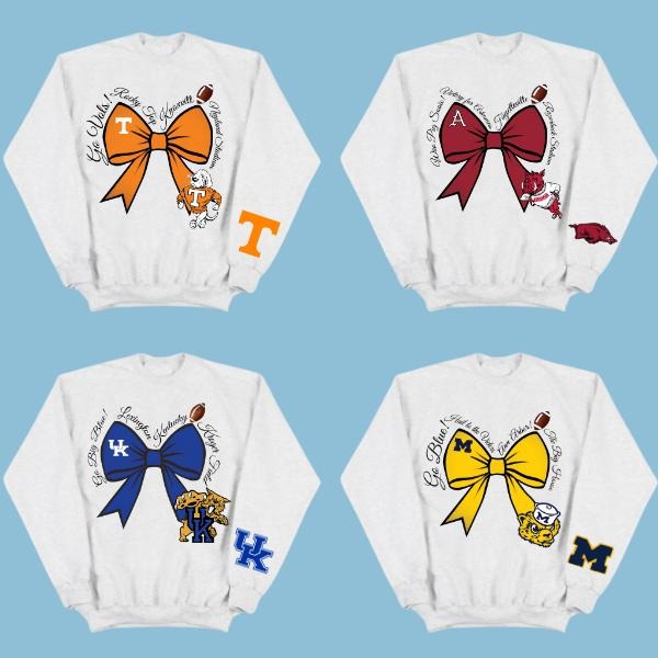 Game Day NCAA Mascot Bow Sweatshirt, Cute College Football Pullover for Her, Spiritwear Crewneck with Sleeve Logo, Unisex Classic Outfit Gift, All Teams