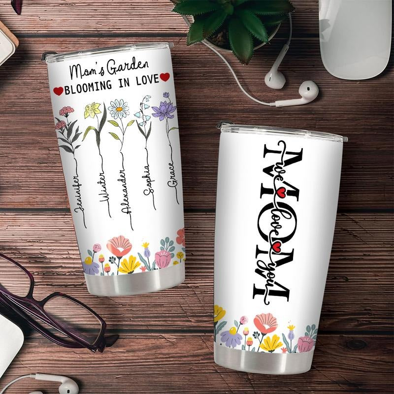 Garden Mom Blooming In Love Tumbler With Grandkids Names, Family Name Birth Flowers Personalized Tumbler, Unique Christmas Gift for Grandma, Nana gift