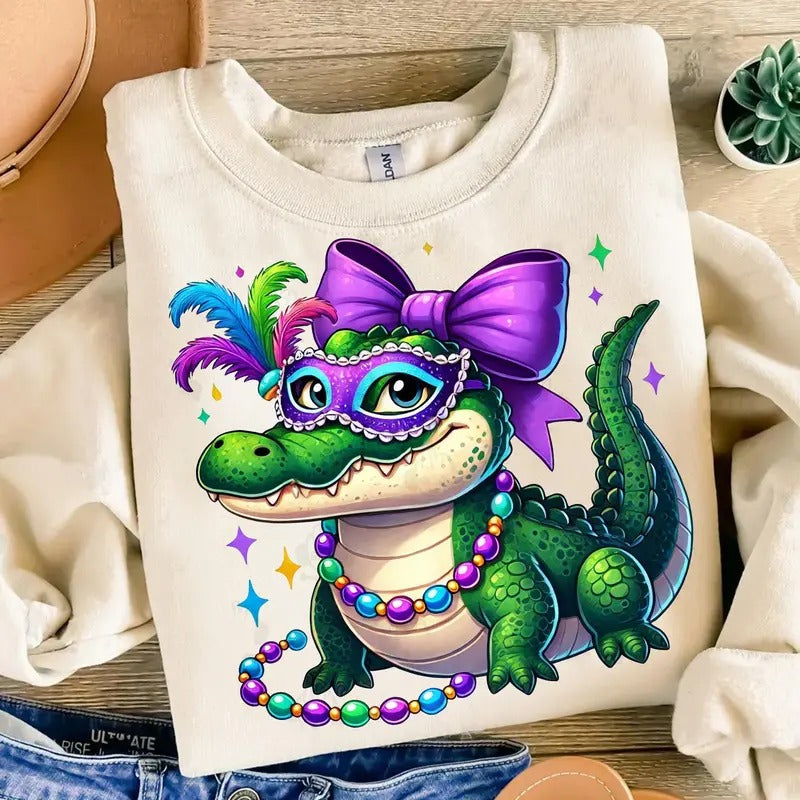 Gator Mardi Gras Tshirt Sweatshirt, Mardi Gras Alligator Shirt, Fleur De Lis Shirt, Louisiana Festival Sweatshirt, Unisex Sweater Pullover Tee