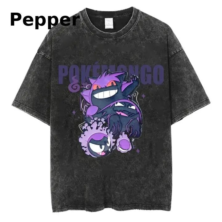 Gengar Battle Graphic T-Shirt, Ghost Pokemon Trio, Anime Lover Tee, Vintage Style Cartoon Top