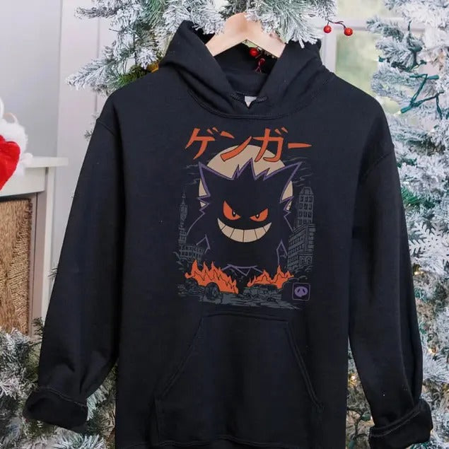 Gengar Hoodie | Dark Ghost Kaiju Japanese Style Hoodie | Japanese Anime Movie Film Nerd Gaming Novelty Funny Unisex Sweatshirts |Gengar Japan Anime Sweatshirt