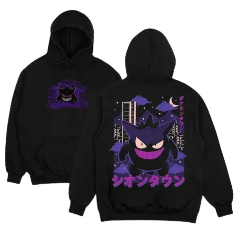 Gengar Hoodie Shirt, Unisex Ghost, Novelty Tee Shirt, Kaiju Themed Shirts, Japanese Anime Shirt, Hoodie 2 Sides, Gift for Women for Man Top Menswear