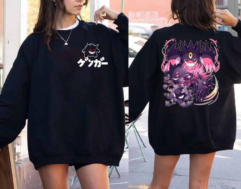 Gengar SWEATSHIRTS | Gengar 2 Sides Sweatshirt | Dark Ghost Kaiju Japanese Style SWEATSHIRTS | Japanese Anime Movie Film Nerd Gaming Novelty Funny Unisex Sweatshirts, Halloween Sweatshirt, Gengar Halloween Sweatshirtstyle{n002}2