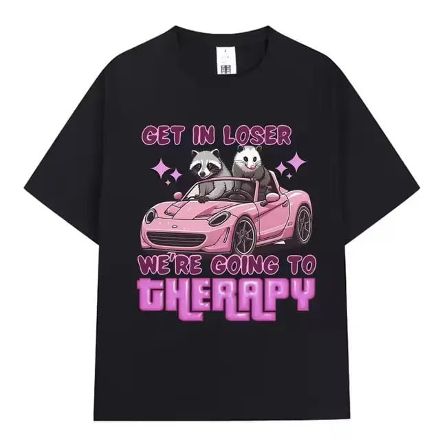 Get in Loser We Going Therapy Vintage Graphic Tee Funny Animal Raccoon Possum Meme Short Sleeve T-shirts Men Women Cotton Loose T Shirts Gamis
