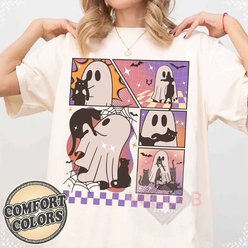 Ghost And Cat Shirt, Ghost Halloween Halloween Cat Shirt Spooky Season Gift Cute Cat Lovers Shirt Fall Shirt Boo Tee