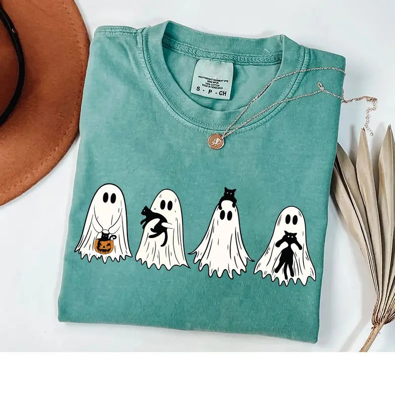 Ghost Black Cat Shirt, Halloween Ghost Sweatshirt, Ghost Cat Shirt, Halloween Black Cat Sweatshirt, Spooky Season Sweater, Halloween Cat Lover Shirt, Retro Cat Mom Shirt