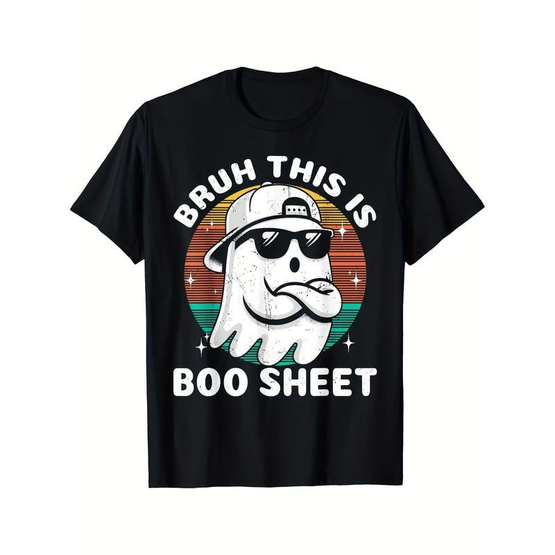 Ghost Boo Sheet Graphic T-Shirt - Comfortable, Breathable, Soft, Casual Short Sleeve, Daily Wear, All Season, 220g, Black, Funny Retro Halloween Printed Design for Men made in usa