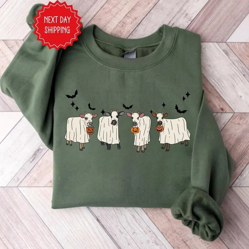 Ghost Cow Sweatshirt, Cute Halloween Sweatshirt, Halloween Animals Ghost Shirt, Cow Lovers Halloween Gift, Halloween Funny Hoodie Classic Crewneck