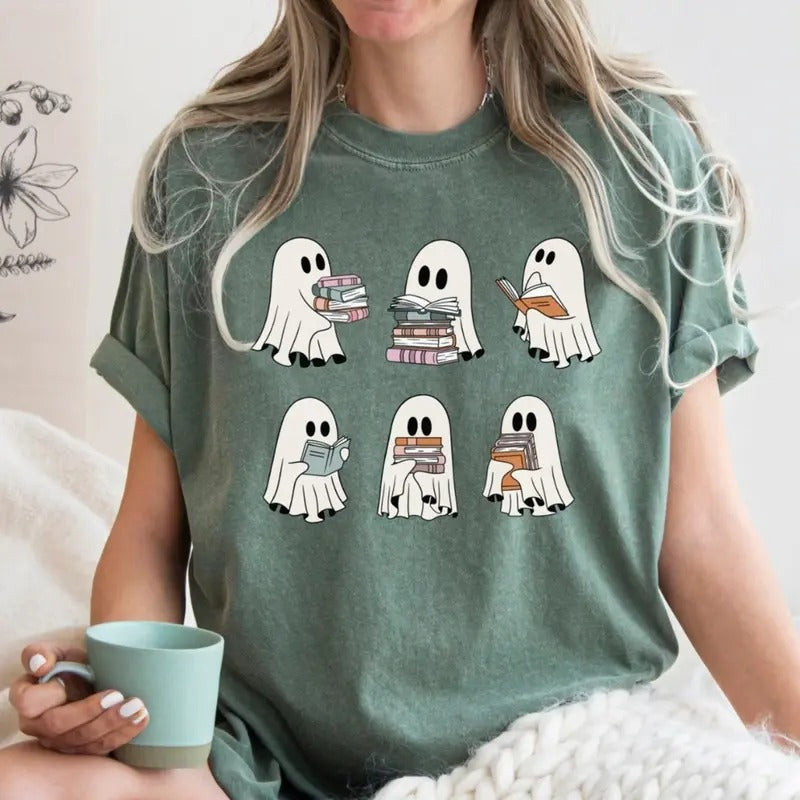 Ghosts Reading Books Shirt, Cute Halloween Ghost Tshirt, Womens Halloween Comfort Colors Shirt, Bookish Book Lovers Tee, Gift For Halloween