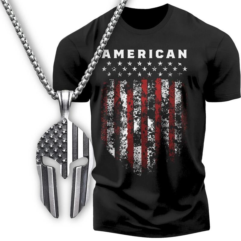 Gift Set for Men American Shield Funny Workout Gym T-Shirt with Spartan Warrior Pendant Soft Cotton Menswear