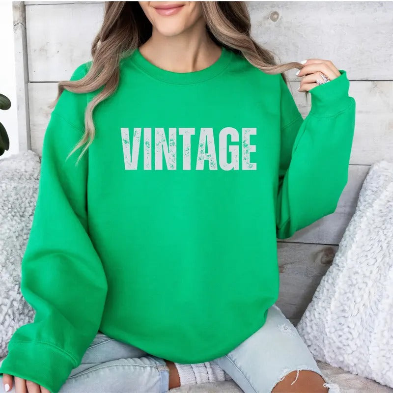 Gildan Distressed Print VINTAGE Design Crewneck Sweatshirt Comfortable Fit Loose Style Casual Women's Tops Green Hoodie