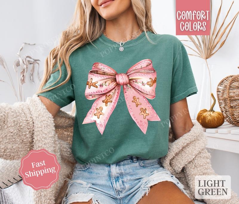 Gingerbread Bow Shirt Comfort Colors Holiday Tshirt, Women's Holiday Tee
