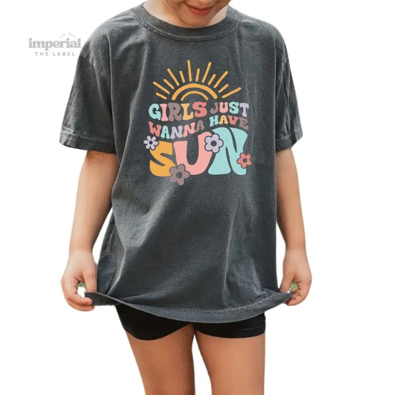 Girls Just Wanna Have Sun Youth Sweatshirt and Kid's Comfort Colors T-Shirt, Cute Summer Youth Crewneck, Beachy Kids Pullover, Cozy Vacation Sweatshirt, Funny Sunny Day Kids Apparel, Youth Sweatshirt