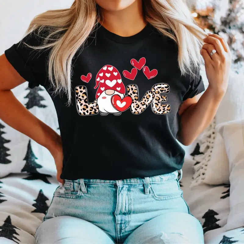 Gnomies Valentines Day Love T-Shirt, Valentine Gnome Shirt, Leopard Love Tee, Valentines Day Gift Tee, Gnome Lovers Shirt, Gnomies Love Hearts T-Shirt.